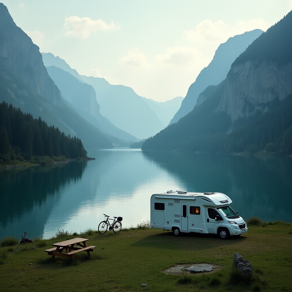 Camper in sosta in un’area naturale tra le montagne, simbolo di libertà e protezione assicurativa