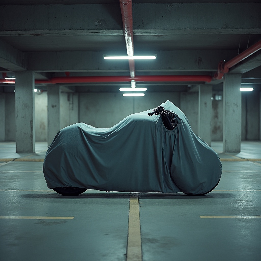 Moto coperta in un parcheggio sotterraneo, simbolo di protezione e sicurezza offerta dalla polizza moto Unipol